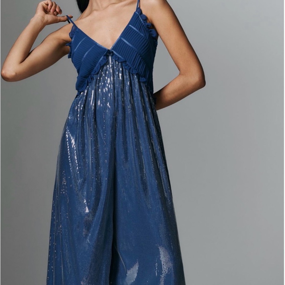 Mauve Navy Sequin Strapless Wide-Leg Jumpsuit